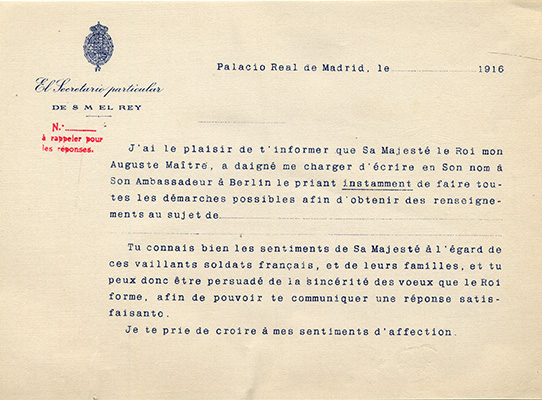 Modelo de carta de respuesta en francés de la Oficina de la Guerra Europea