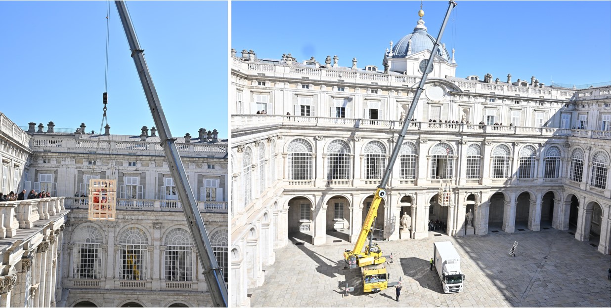 Traslado del arcángel de La Roldana. Descenso por el Patio del Príncipe del Palacio Real de Madrid