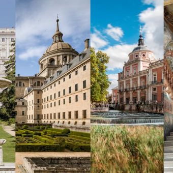 Montaje de imágenes del Palacio Real de Madrid, del Monasterio de El Escorial, del Palacio Real de Aranjuez y de las Descalzas Reales.
